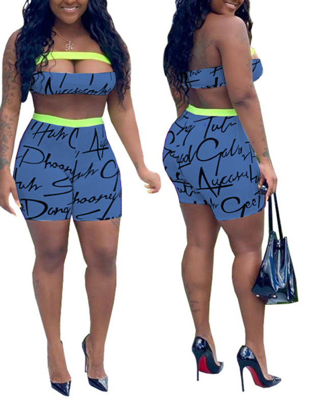 Lady Sexy Cute Strapless Top with Letter Print Shorts Two-piece Set Short Set S-XXL
