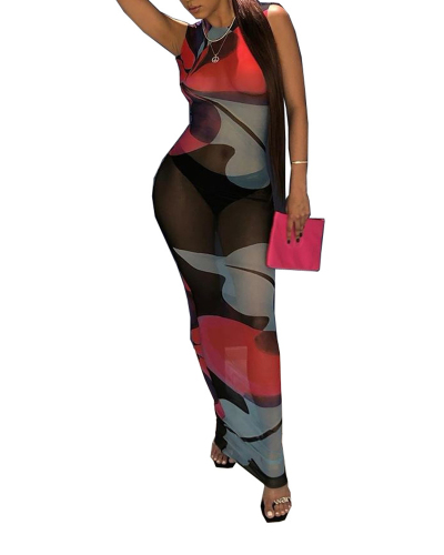 Lady Sexy See-through Gauze Sleeve-less Dress S-XL