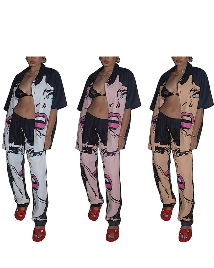 Lady Fashion Animation Pattern Print Two-piece Pants Set S-XL
