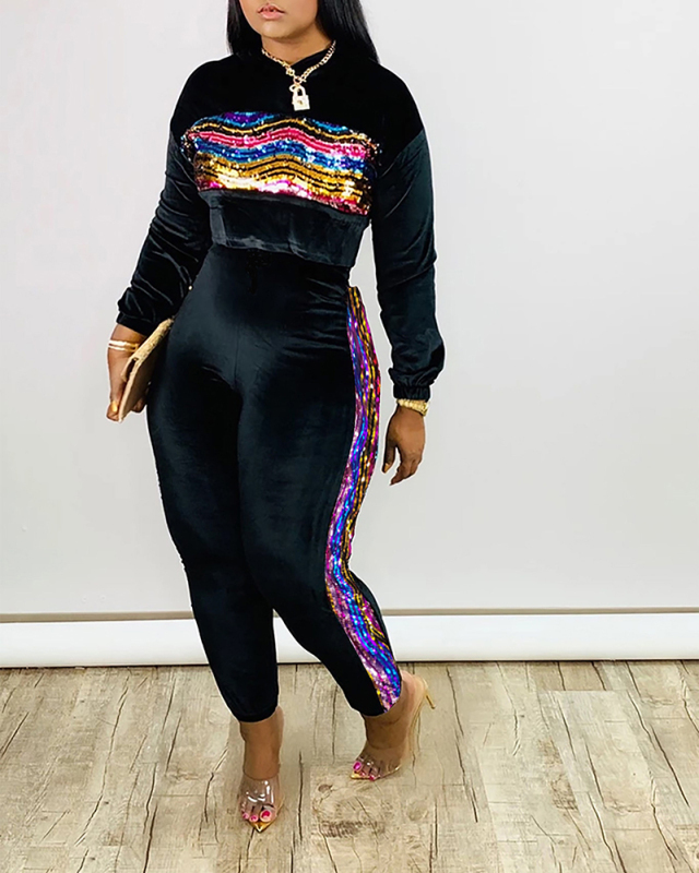 Lady Fashion Glitter Hooded Two pieces Long-sleeve Two-piece Set S-XL