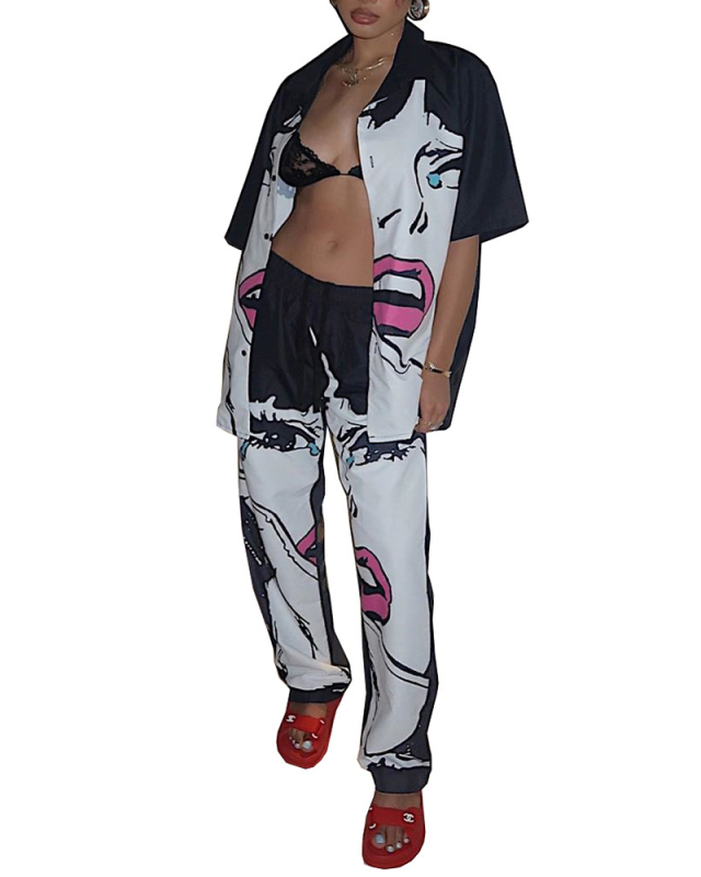 Lady Fashion Animation Pattern Print Two-piece Pants Set S-XL
