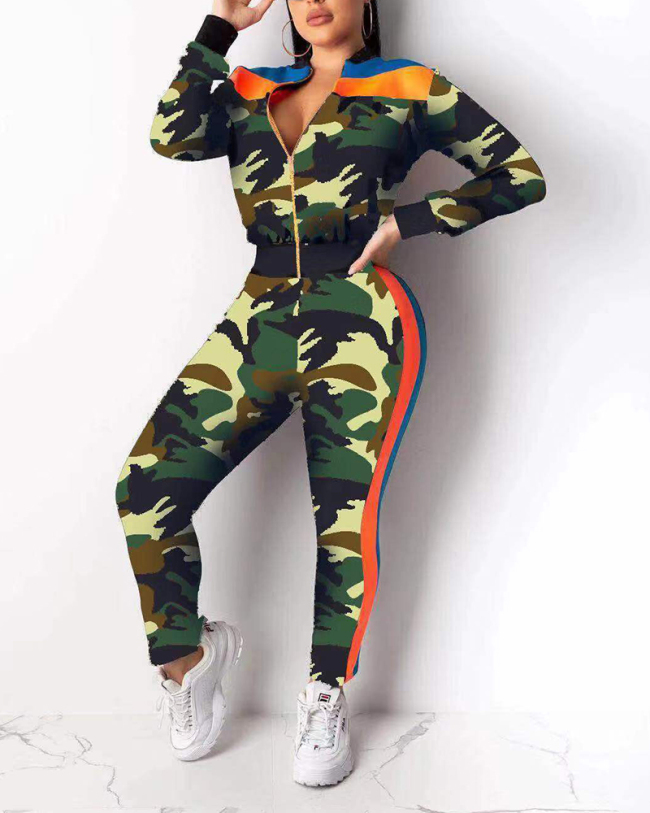 Lady Sexy Fashion Camouflage Print Zipper Jumpsuit S-XL