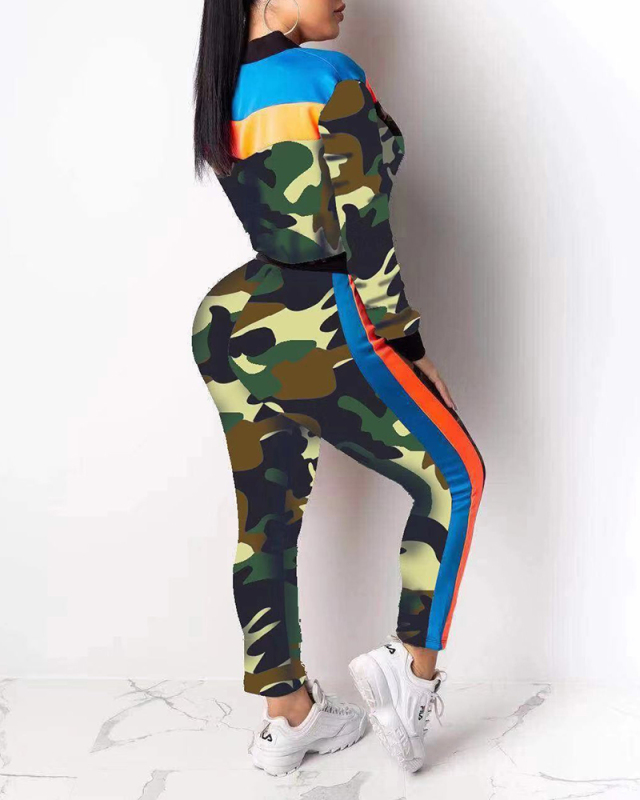 Lady Sexy Fashion Camouflage Print Zipper Jumpsuit S-XL