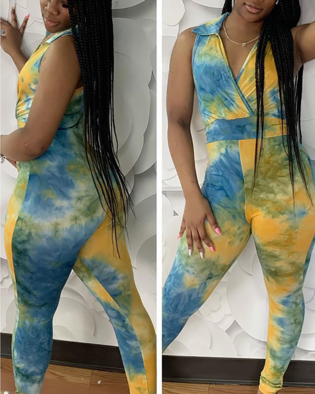 Lady Sexy Deep V Tie Dye Yellow and Blue Jumpsuit S-XXL