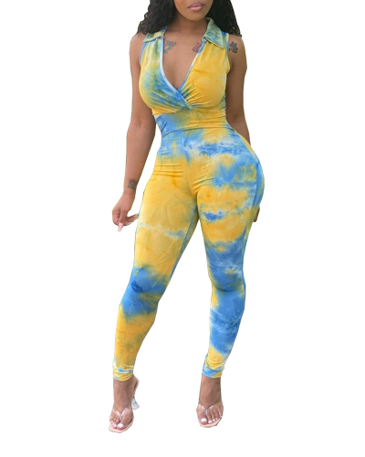 Lady Sexy Deep V Tie Dye Yellow and Blue Jumpsuit S-XXL