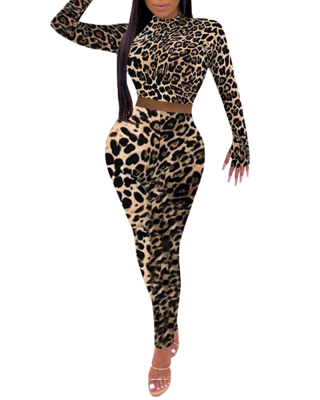 Lady Sexy Turtleneck Leopard Printed Two-piece Set Pants Set S-XXL