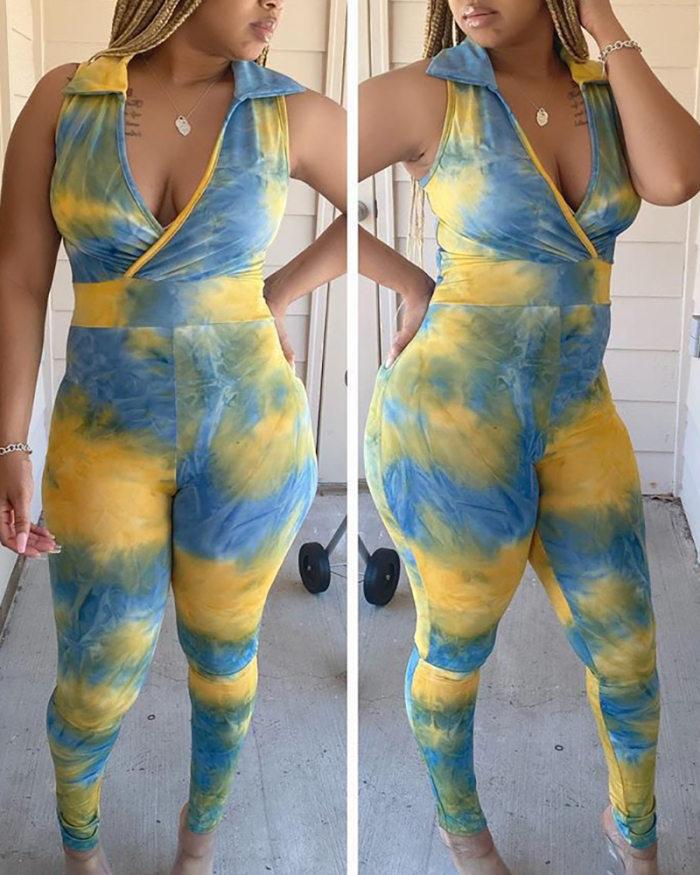 Lady Sexy Deep V Tie Dye Yellow and Blue Jumpsuit S-XXL