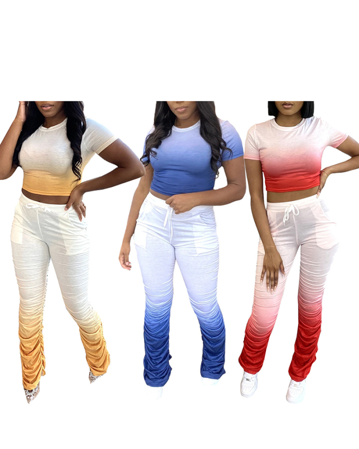 Lady Cut Casual Gradient Ramp Wrinkled Two-piece Set Pants Set S-XXL