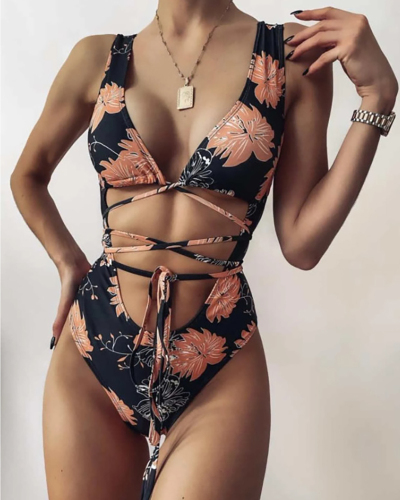 Lady Sexy Florals Bands around Abdomen One-piece Swimsuit S-L