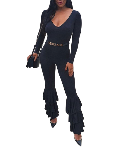 Lady Fashion Solid Color Deep V Top with Ruffles Pants Jumpsuit(No Belt) Solid Black S-XXL