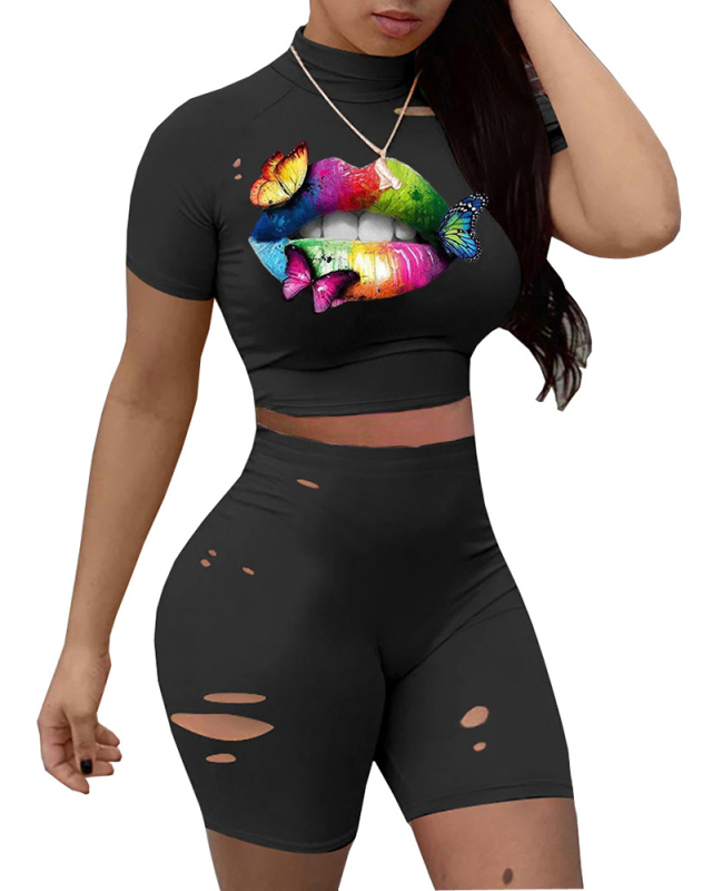 Lady Fashion Turtle Neck Top and Hole Shorts Two-piece Set Shorts Set