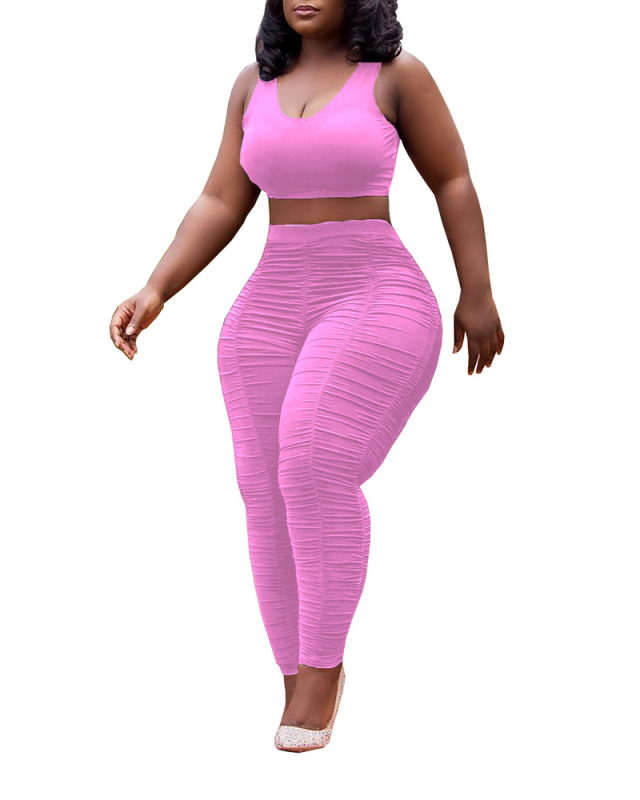 Lady Casual Solid Color Wrinkle Pants Two-piece Set Pants Set S-XXL