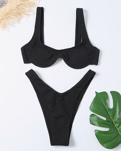 Lady Sexy High Cut Two-piece Swimsuit Solid Black S-L