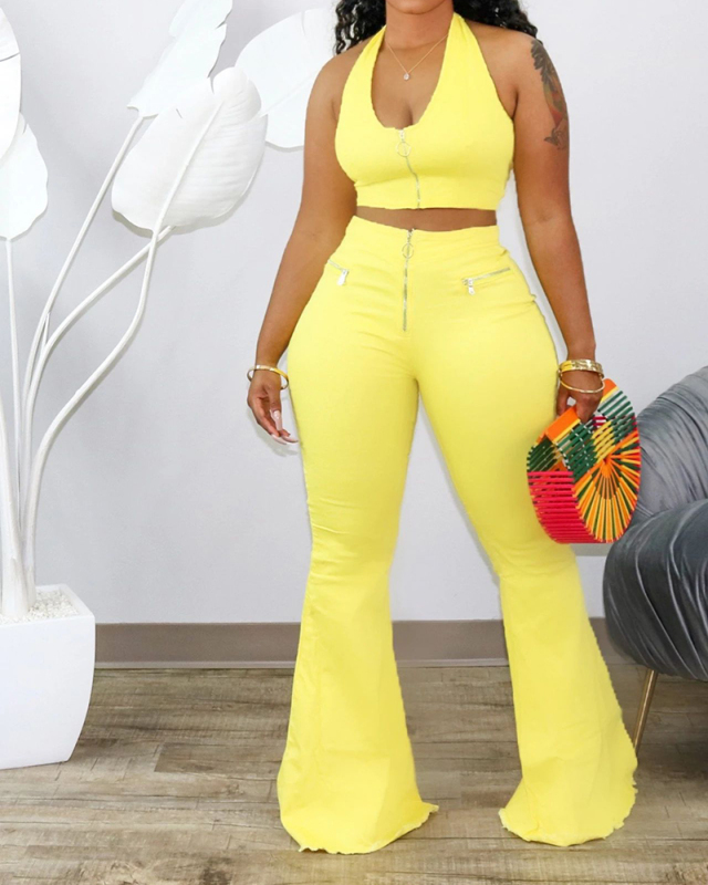 Lady Hammock Solid Color ZIpper Two-piece Set Pants Set S-XXXL