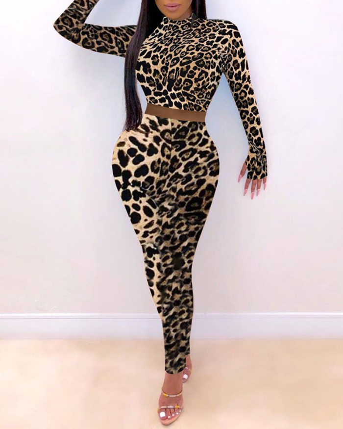 Lady Sexy Turtleneck Leopard Printed Two-piece Set Pants Set S-XXL