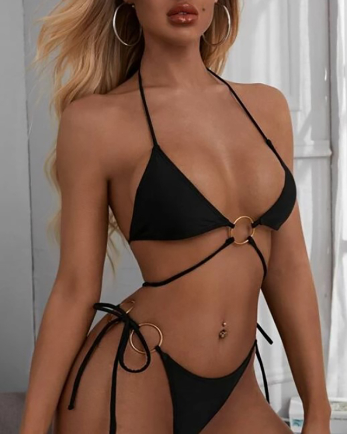 Lady Sexy Thin String Circular Ring on Chest Tie Side String Bikini Two-piece Swimsuit S-L