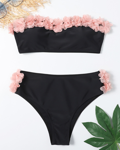Lady Sexy Strapless Flowers for Edging Two-piece Swimsuit Black S-L