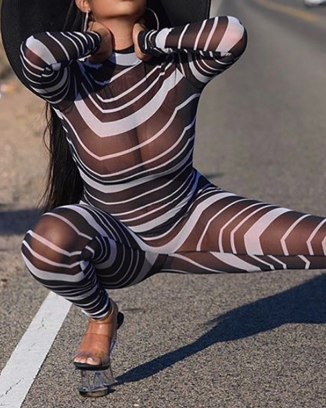 Women’s Sexy See Through Jumpsuit with Stripe Printed White S-XXL