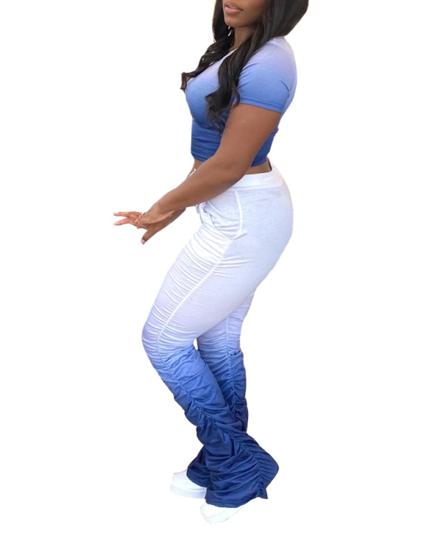 Lady Cut Casual Gradient Ramp Wrinkled Two-piece Set Pants Set S-XXL