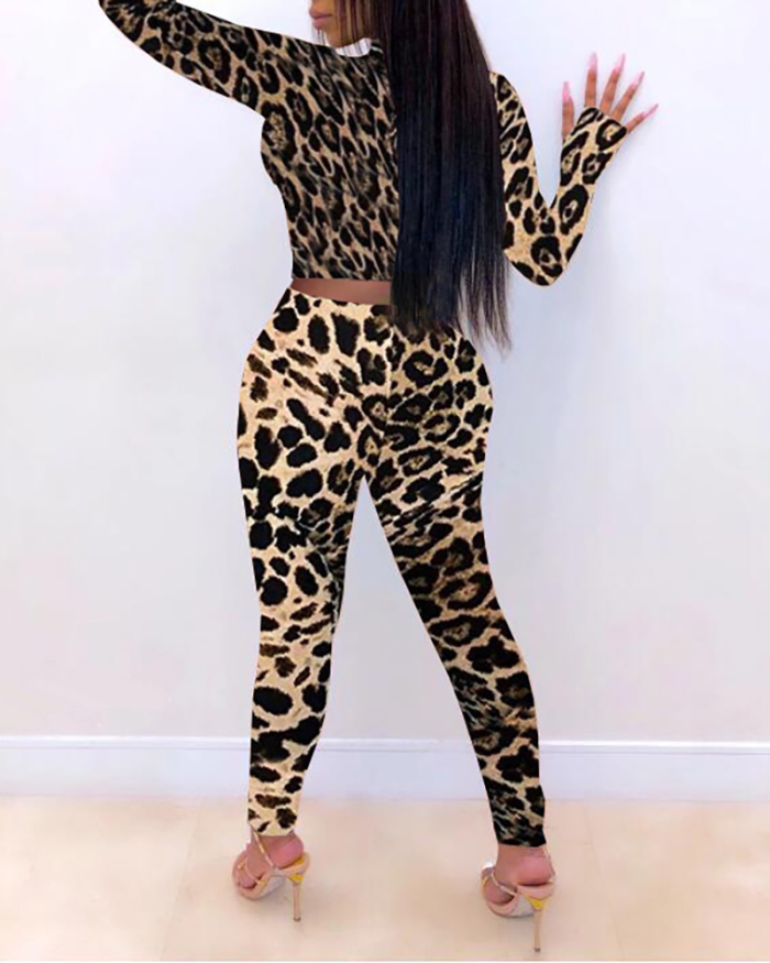 Lady Sexy Turtleneck Leopard Printed Two-piece Set Pants Set S-XXL