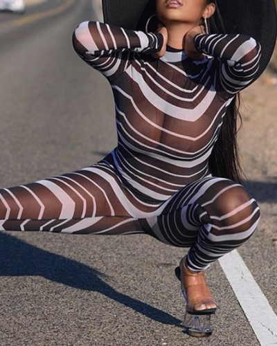 Women’s Sexy See Through Jumpsuit with Stripe Printed White S-XXL