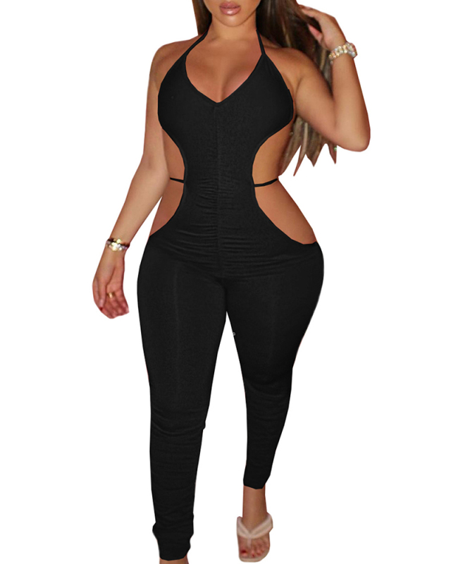 Lady Sexy Tight-Fitting Tie Rope Pleated Hollow Jumpsuit Solid Color S-XXL