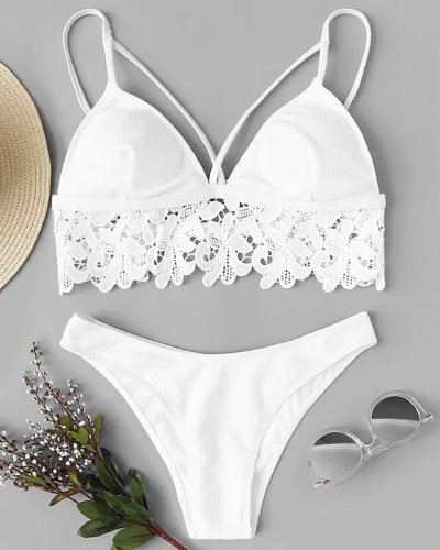 Lady Sexy Cute Lace for Edging Thin String Bikini Two-piece Swimsuit Solid White S-L
