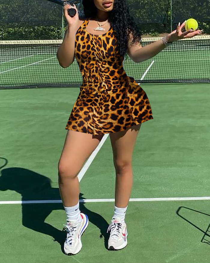 Lady Sexy Slim Sports Square Neck Sleeveless Mini Dress Leopard Camouflage Printed XS-XXL