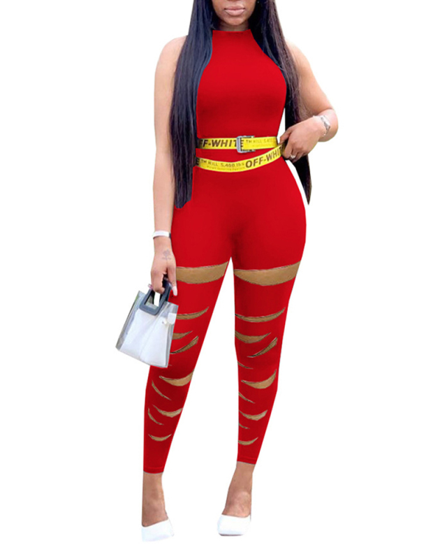 Lady Sexy Tight Round Neck Sleeveless Ripped Jumpsuit Solid Color S-XXL