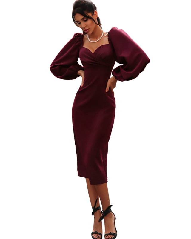 Women Solid Color Slim Slash Neck One Piece Dress Red Black Blue S-L