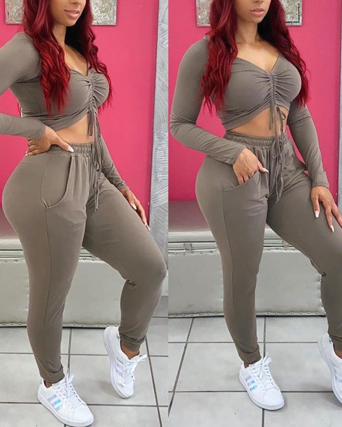 Lady Sexy High Waist Drawstring Tight with Pockets Two Pieces Outfit Solid Color S-XXL