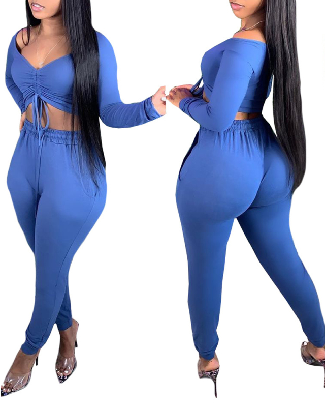 Lady Sexy High Waist Drawstring Tight with Pockets Two Pieces Outfit Solid Color S-XXL