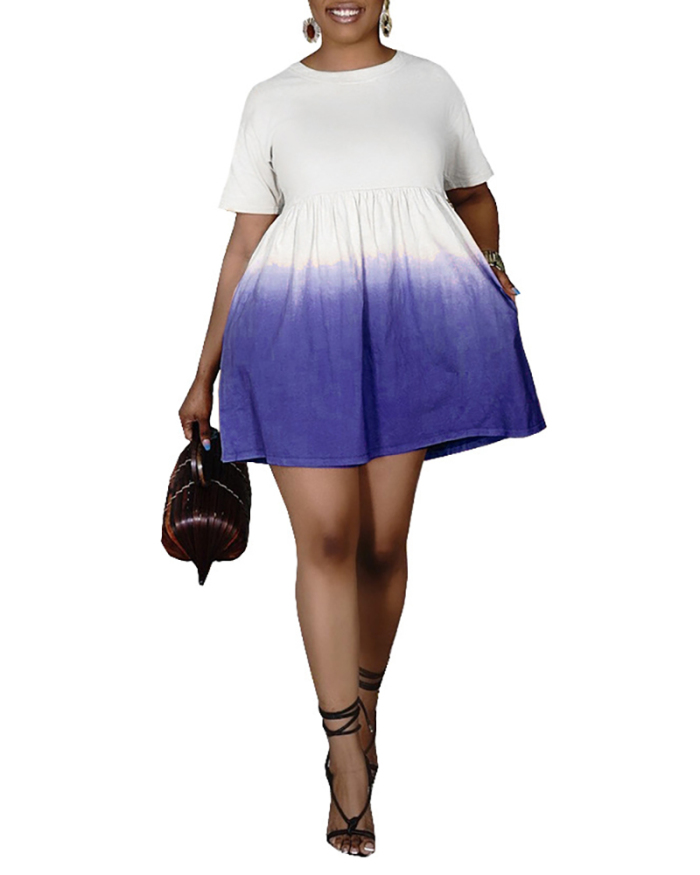 Lady Cute Comfy Round Neck Half Sleeve Pockets Pleated Mini Dress Tie Dye Printed S-XXL