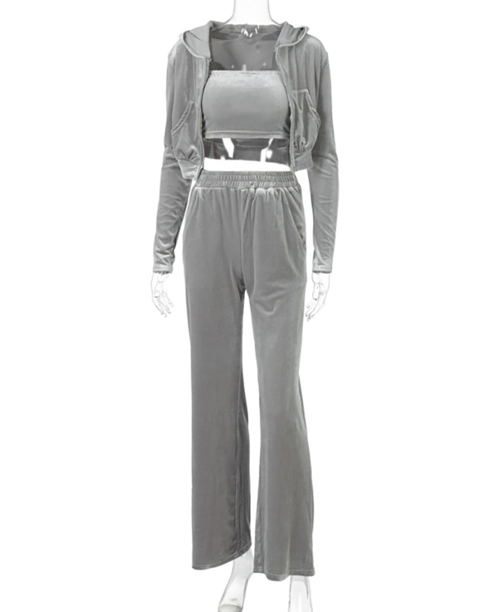 Women Casual Long Sleeve Crop Tops Coat &Bandeau Bra & Wide Legs Pants Three Piece Set Coffee Gray S-L
