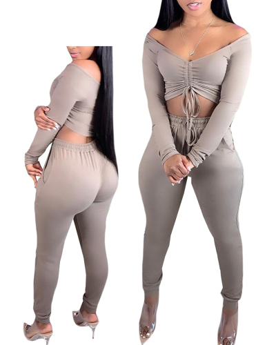 Lady Sexy High Waist Drawstring Tight with Pockets Two Pieces Outfit Solid Color S-XXL