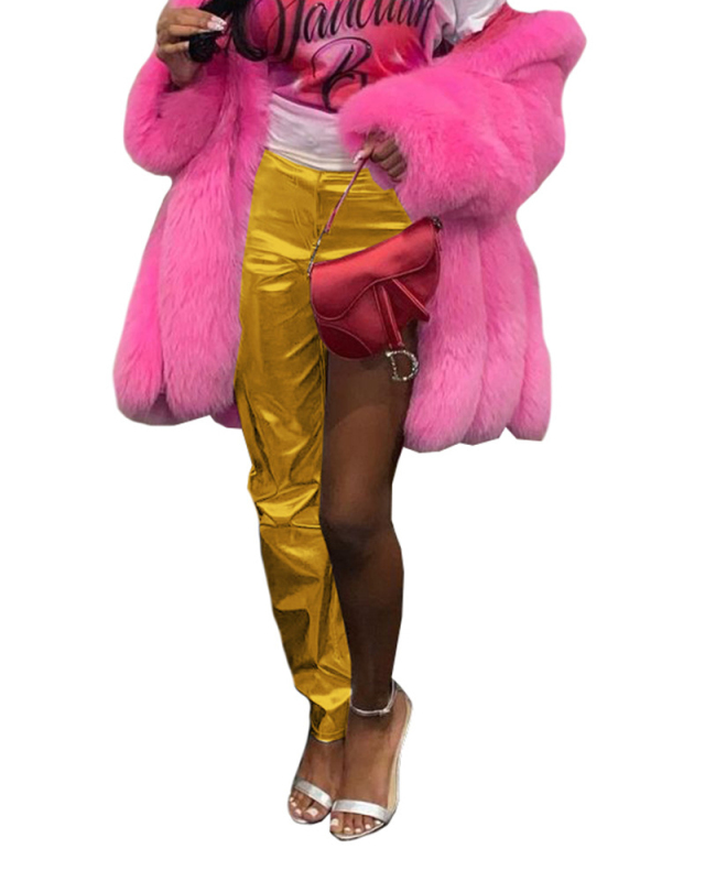 Lady Fashion Imitation Leather Bronzing Irregular Pants Solid Color S-XXL