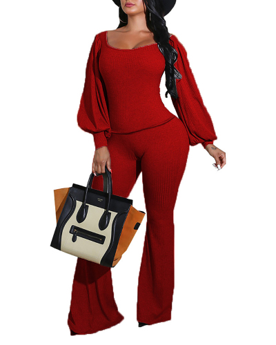 Lady Sexy Slim U Neck Lantern Long Sleeves Two-Piece Outfit Solid Color S-XXL