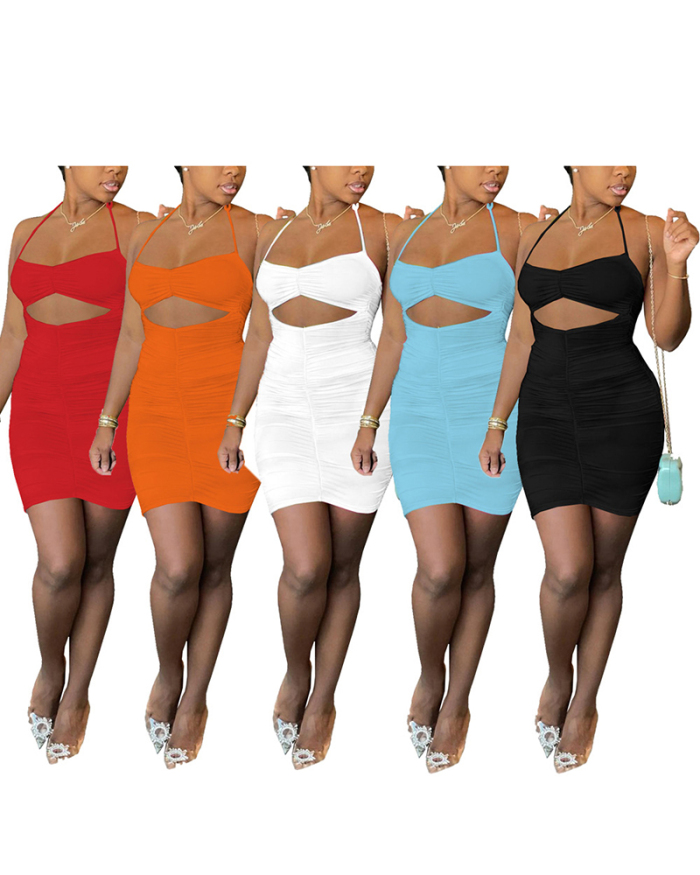 Lady Sexy Tight-Fitting Sling Pleated Mini Dress Solid Color S-XXL