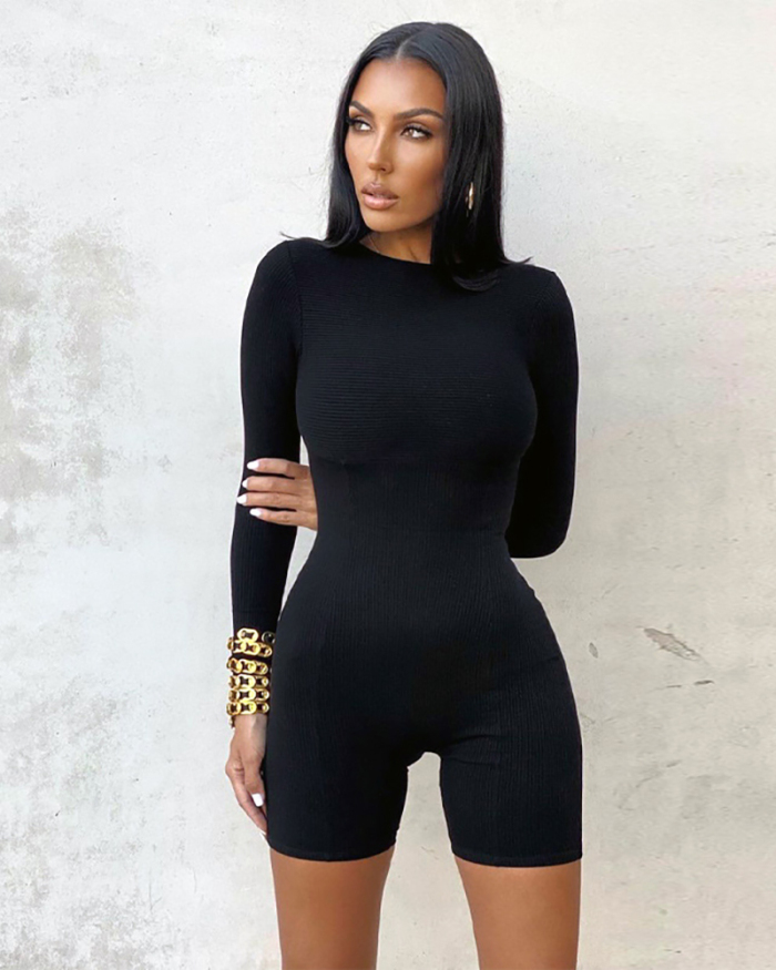 Solid Color Wholesale new Sporty Short Jumpsuit Black Whitr Brown Green S-L