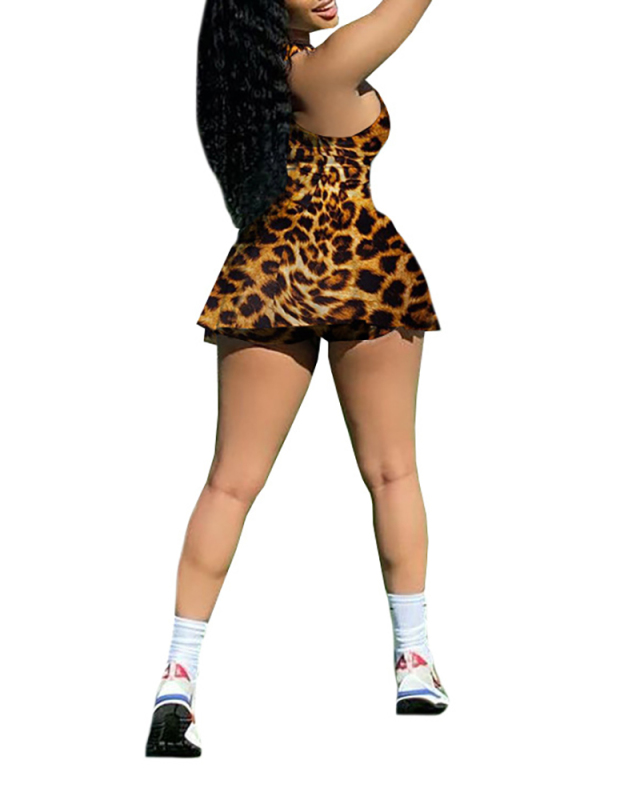 Lady Sexy Slim Sports Square Neck Sleeveless Mini Dress Leopard Camouflage Printed XS-XXL