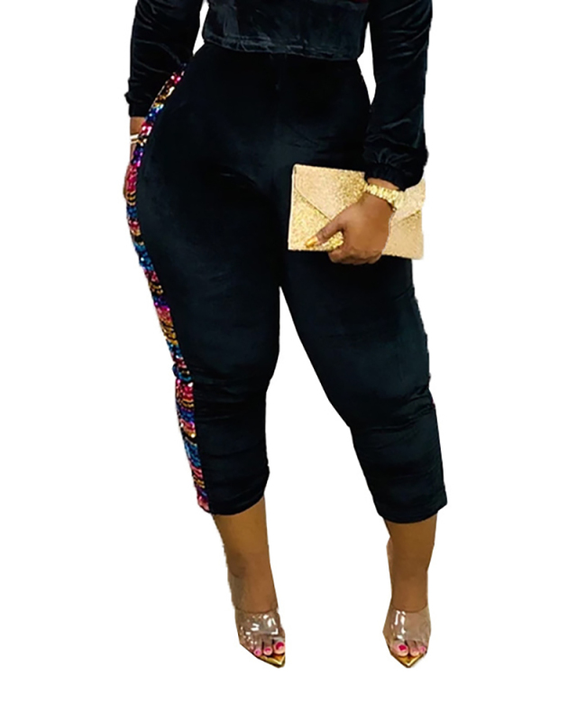  Lady Fashion Comfy  Casual Sequined Gold Velvet Pants Black S-XL