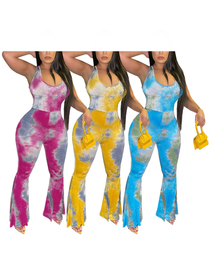 Lady Sexy Tight-Fitting Backless Multi-Shoulder Strapless Tie-Dye Printed Flare Jumpsuit Multicolor S-XXL