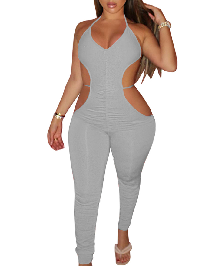 Lady Sexy Tight-Fitting Tie Rope Pleated Hollow Jumpsuit Solid Color S-XXL