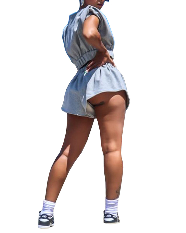 Lady Fashion Casual V Neck Sleeveless Zipper Waist Elastic Two Pieces Shorts Set Solid Color S-XXL