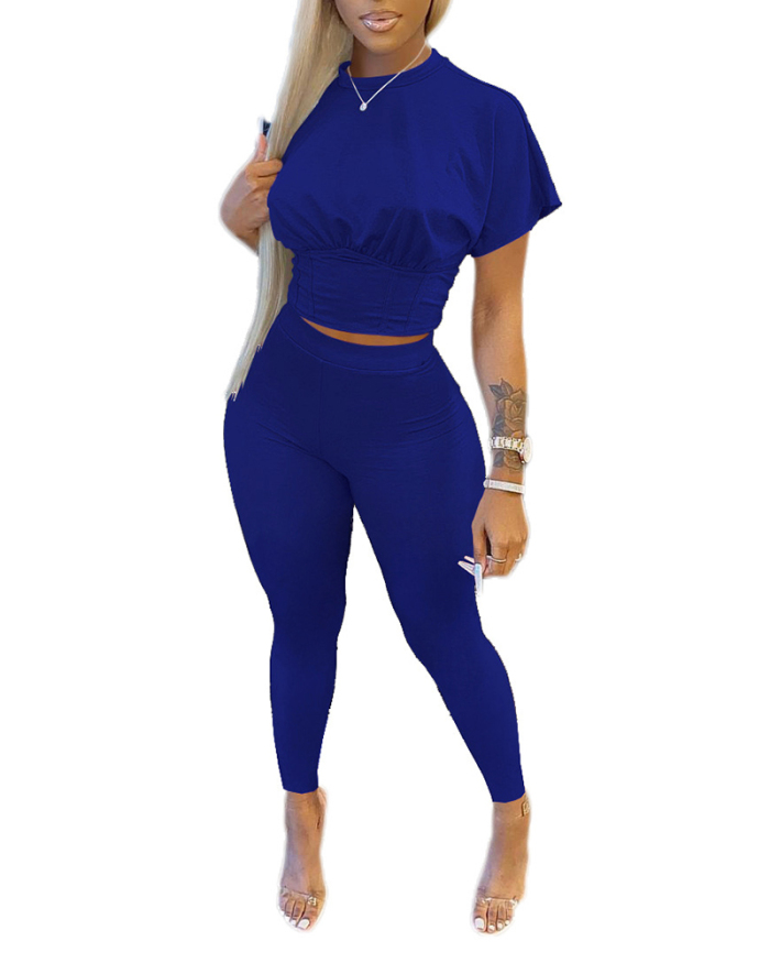 Lady Fashion Sexy Waist Shaping Short-Sleeved Trousers Sports Style Two-Piece Suit Solid Color S-XXL