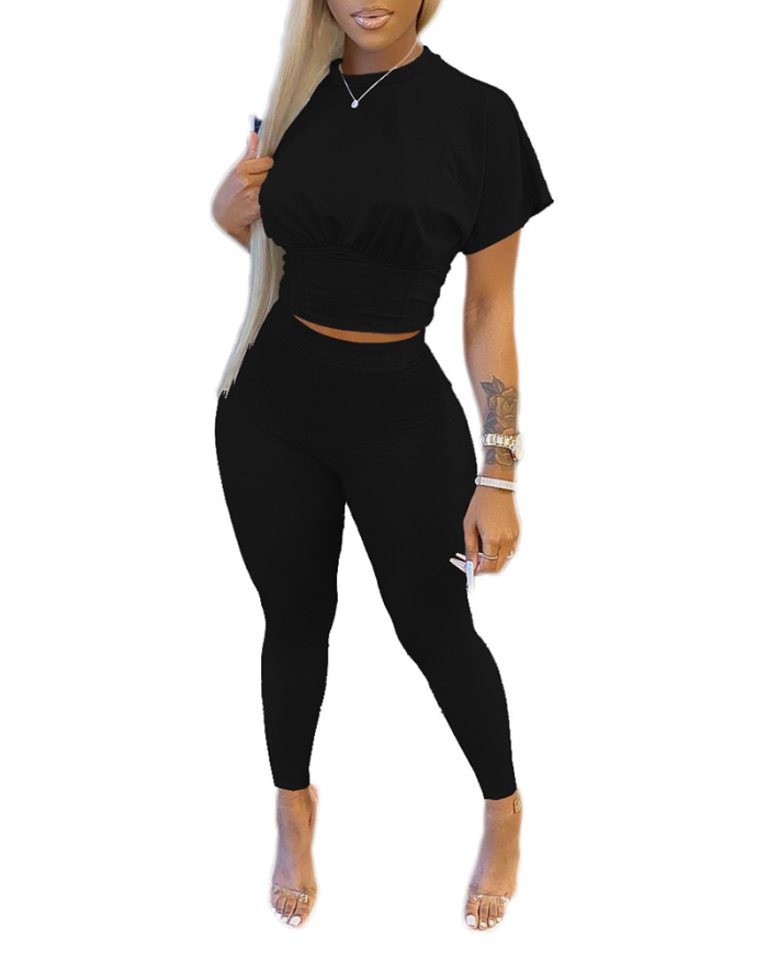 Lady Fashion Sexy Waist Shaping Short-Sleeved Trousers Sports Style Two-Piece Suit Solid Color S-XXL