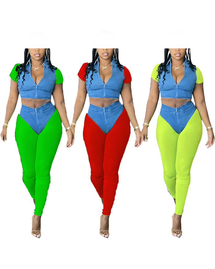 Lady Sexy Tight-Fitting Denim Print Zipper Casual Style Two-Piece Suit Two-Color Stitching S-XXL