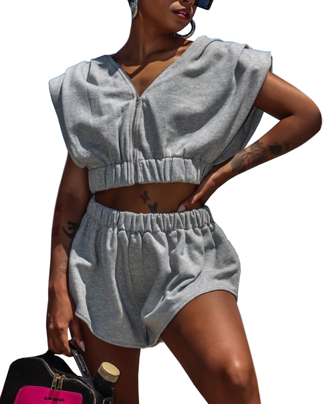 Lady Fashion Casual V Neck Sleeveless Zipper Waist Elastic Two Pieces Shorts Set Solid Color S-XXL