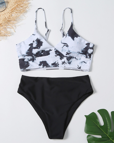 Lady Fashion Thin String Tie Dye Color High Waist Two-piece Swimsuit S-L