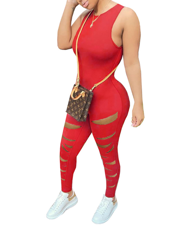 Lady Sexy Tight Round Neck Sleeveless Ripped Jumpsuit Solid Color S-XXL